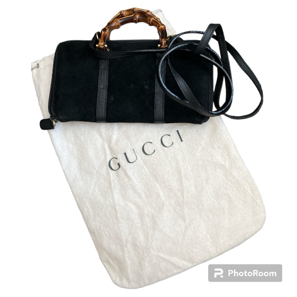 Vintage Gucci zip around wallet on a chain WOC crossbody black suede bamboo